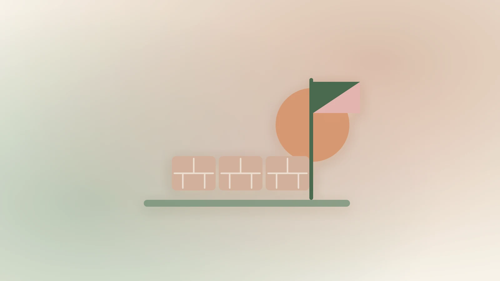 Soft pastel illustration of three brick blocks on a ground line with a flag on a pole and a warm setting sun behind them