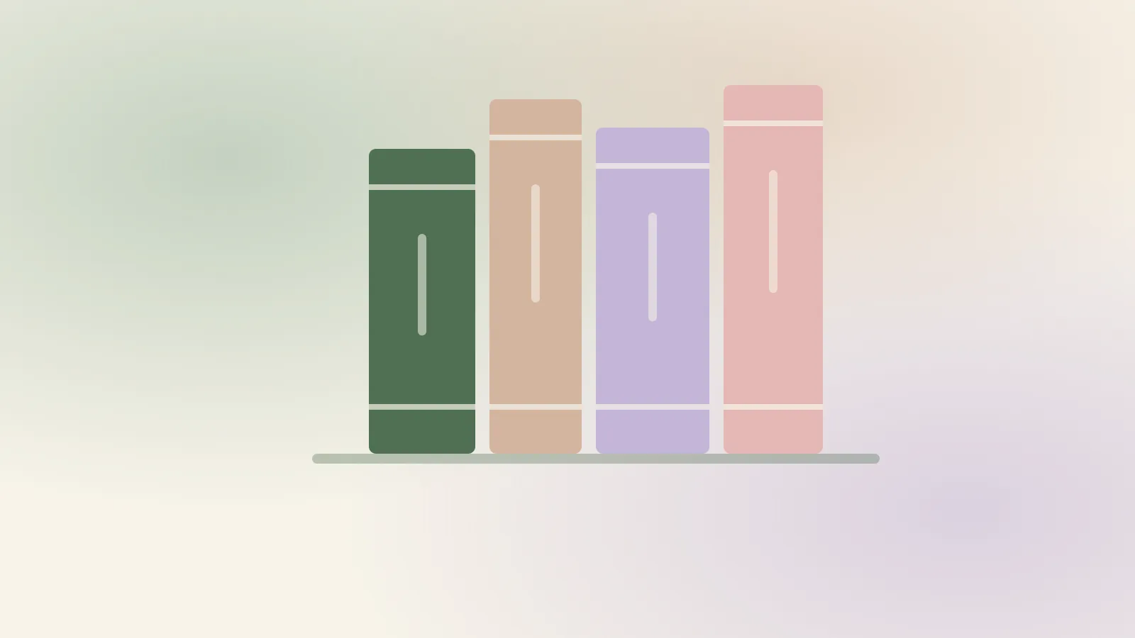 Four book spines in sage, clay, lavender and rose standing on a shelf against a soft cream gradient
