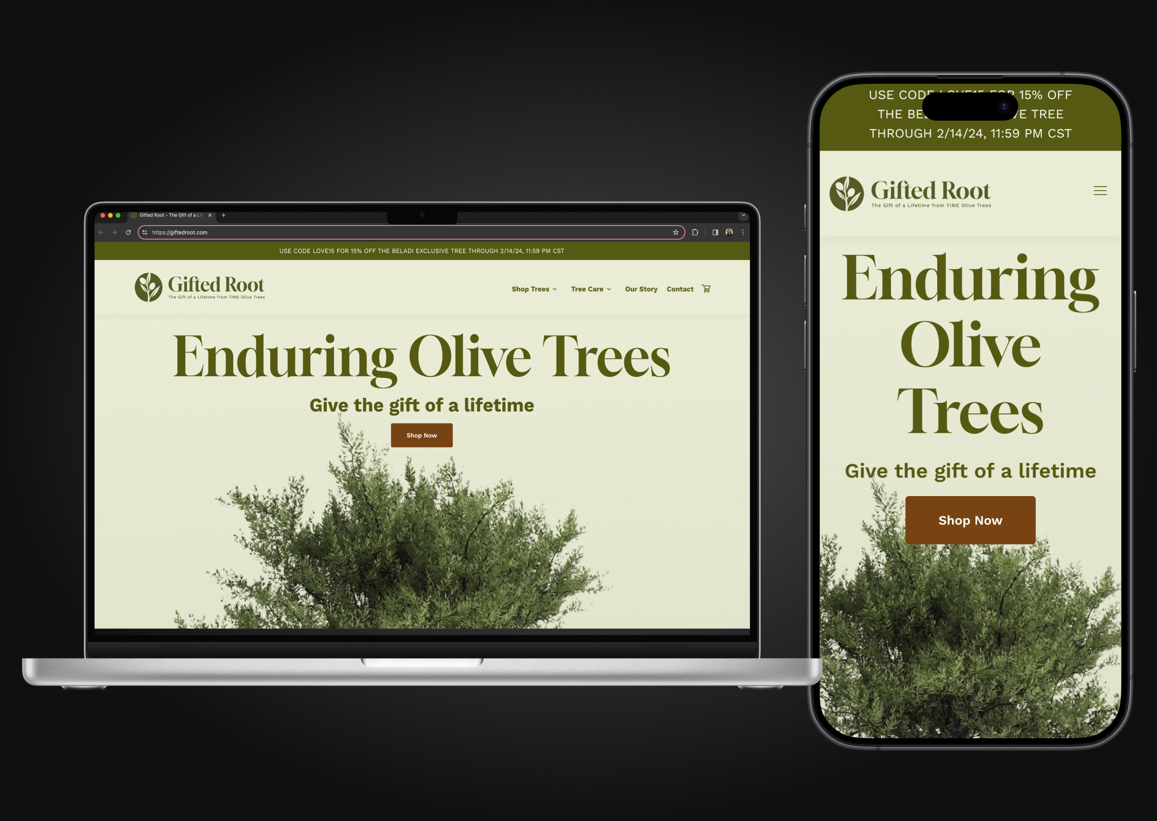 An overview of the Gifted Root Shopify site showcasing its responsive design and custom user interface elements.