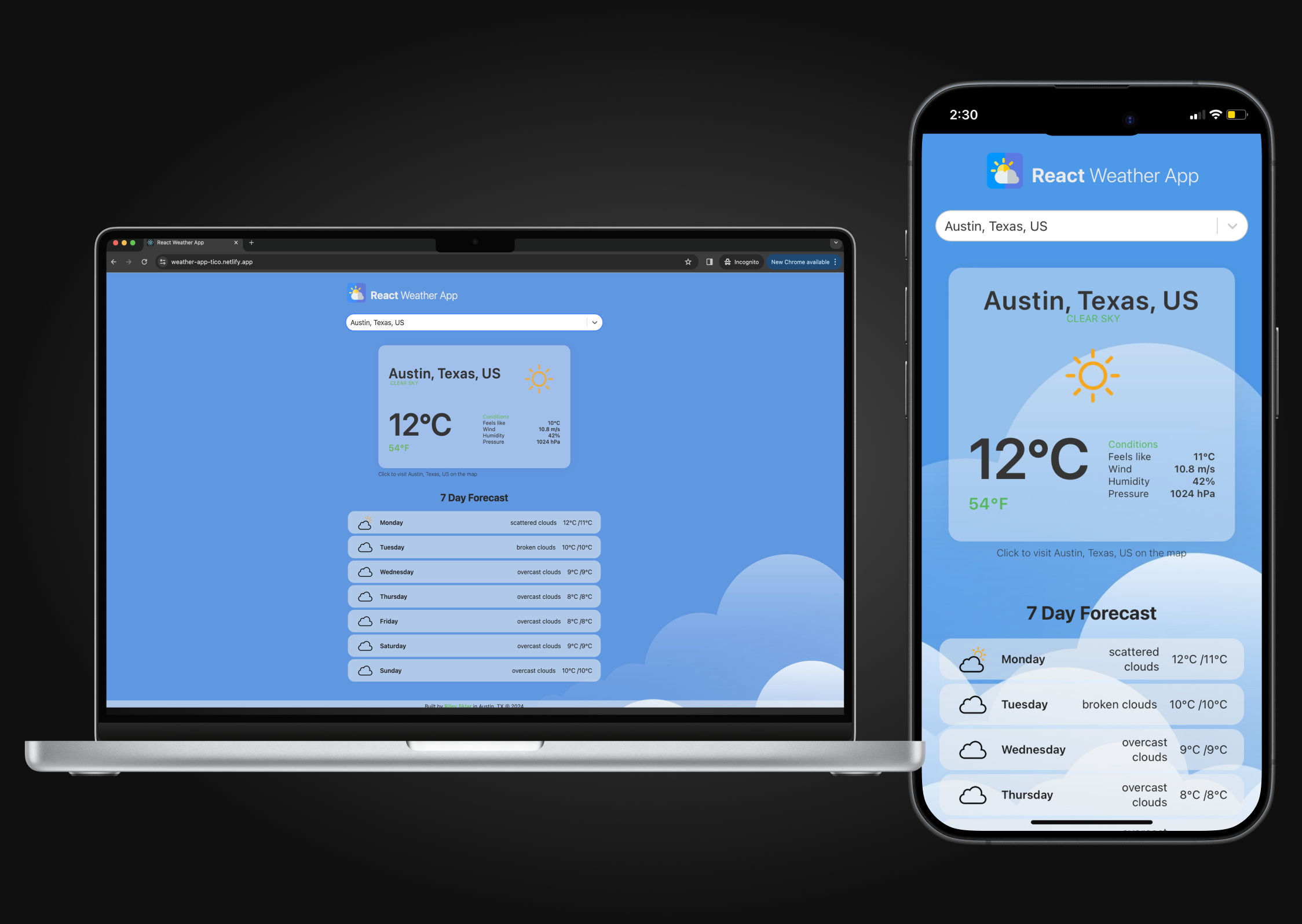 A screenshot showcasing the React Weather App with current weather conditions and forecasts.